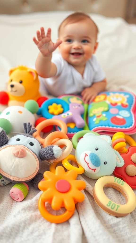 A variety of baby toys including plush animals, teething rings, and a cloth book on a soft blanket with a baby reaching for them.